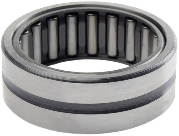 Cylindrical metal needle bearing, viewed from the side, shows the arrangement of needles in a circle.