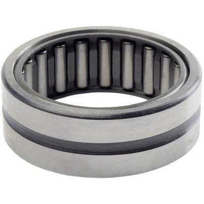 Cylindrical metal needle bearing, viewed from the side, shows the arrangement of needles in a circle.