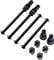 Four black drive shafts and six hub adapters. The parts are made of metal and are used for mechanical connection in models.