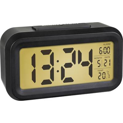 A digital desk clock displays the time 13:24. On the right: alarm set to 6:00, date 21/5, temperature 20.1 degrees.