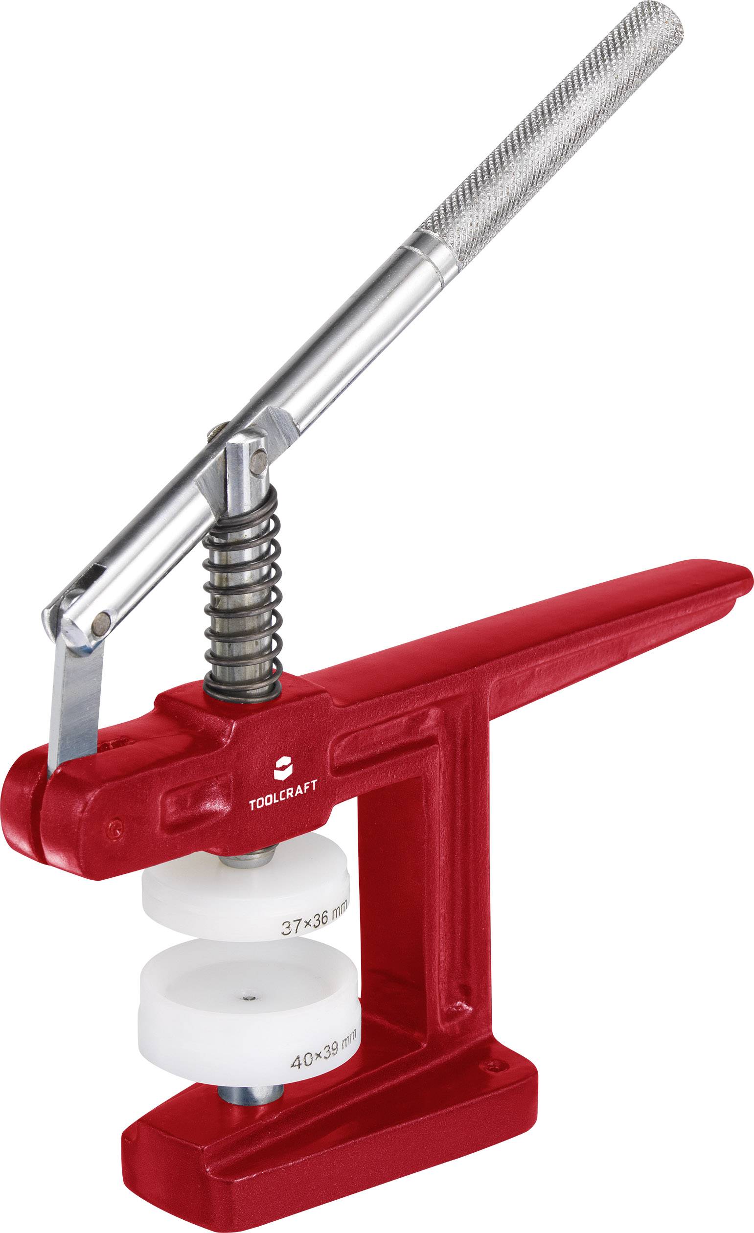 Red watch press machine with metallic lever and white plastic attachments, for securely closing watch casings.