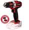 A red cordless drill with a black handle. Text on the device: 'Einhell'. The battery is not installed, with a charging symbol next to it.