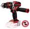 Cordless drill in red and black by Einhell brand, with battery shown but not included. Includes reference to the Power X-Change series.
