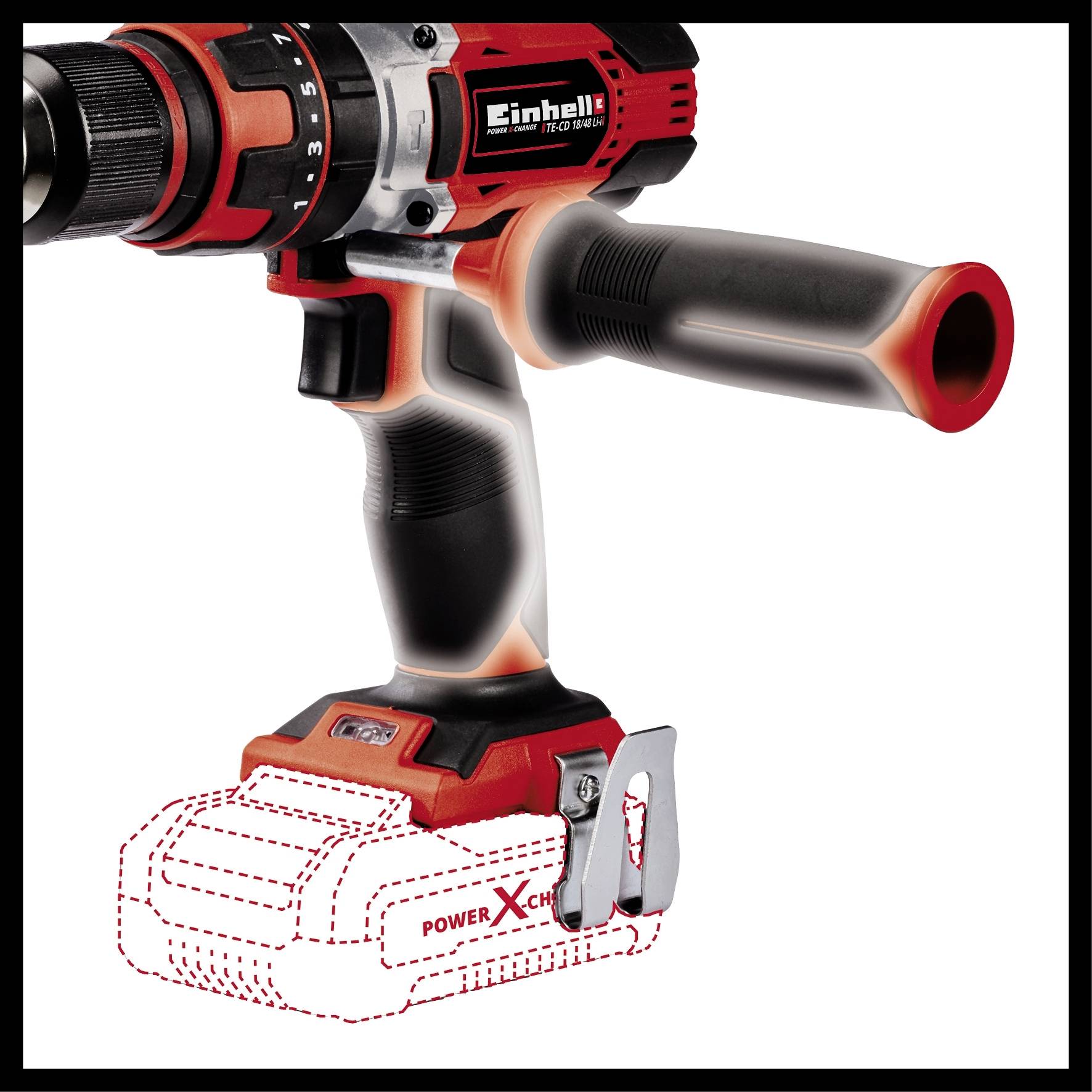 Black and red cordless drill with ergonomic handle, 'Power X-Change' label.