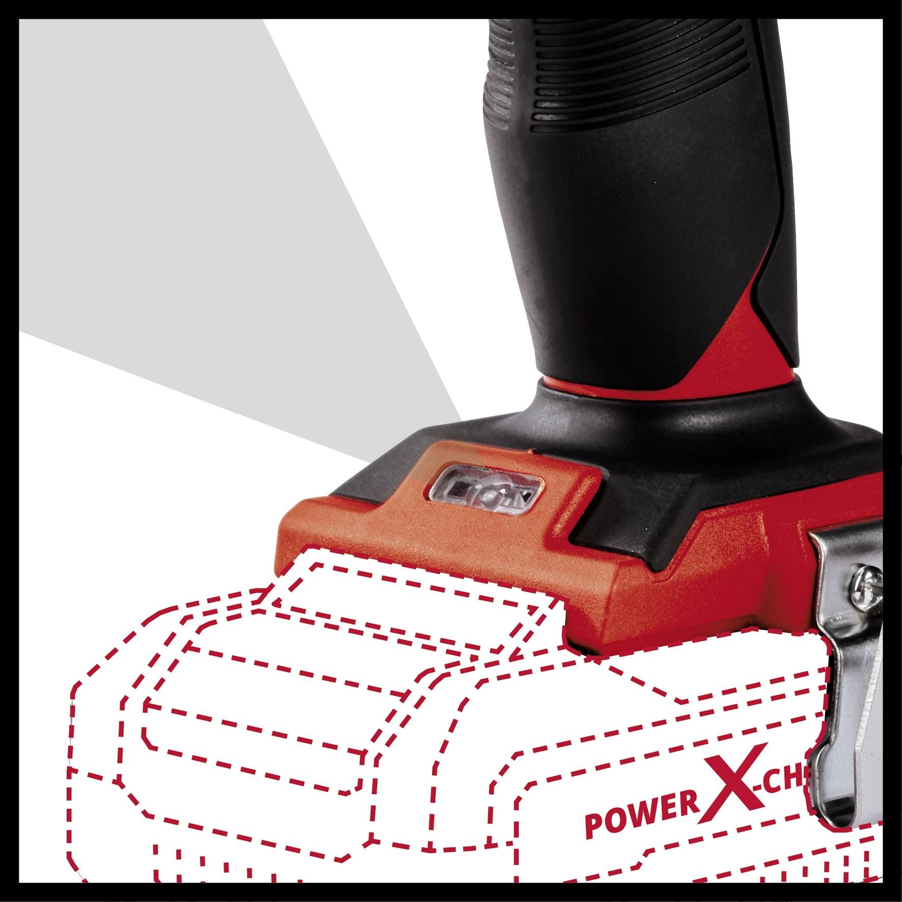 Cordless drill without battery, with suggested battery slot, red and black design. Part of the handle visible in the top right.