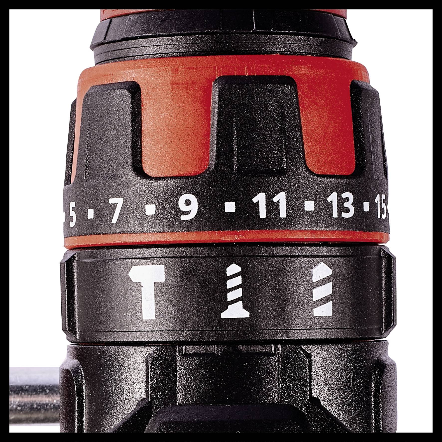 Close-up of a drill with a red and black casing. Shows a scale from 5 to 15 and symbols for different settings.