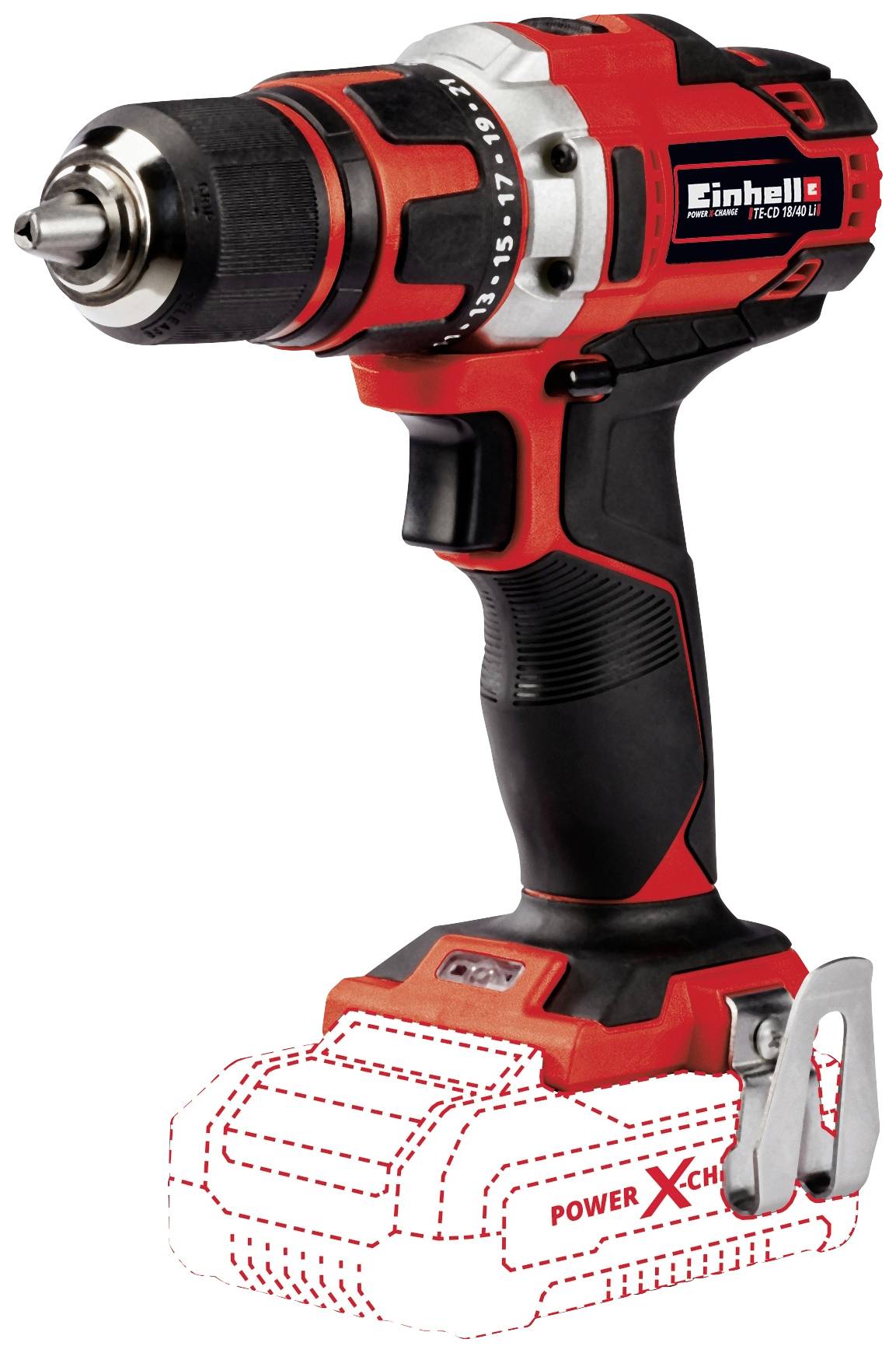 Cordless drill in red and black, marked with 'Einhell'. Sits on a surface, battery compartment is highlighted, but battery not inserted.