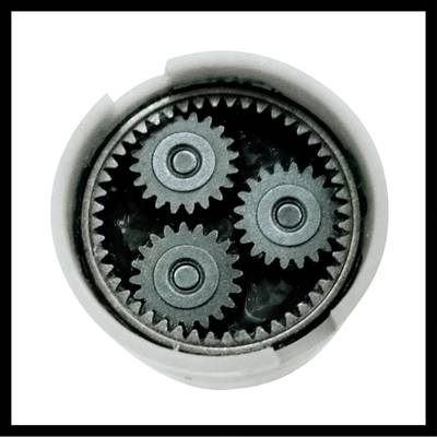 Gear mechanism with three small gears arranged within a larger circular gear inside a housing.