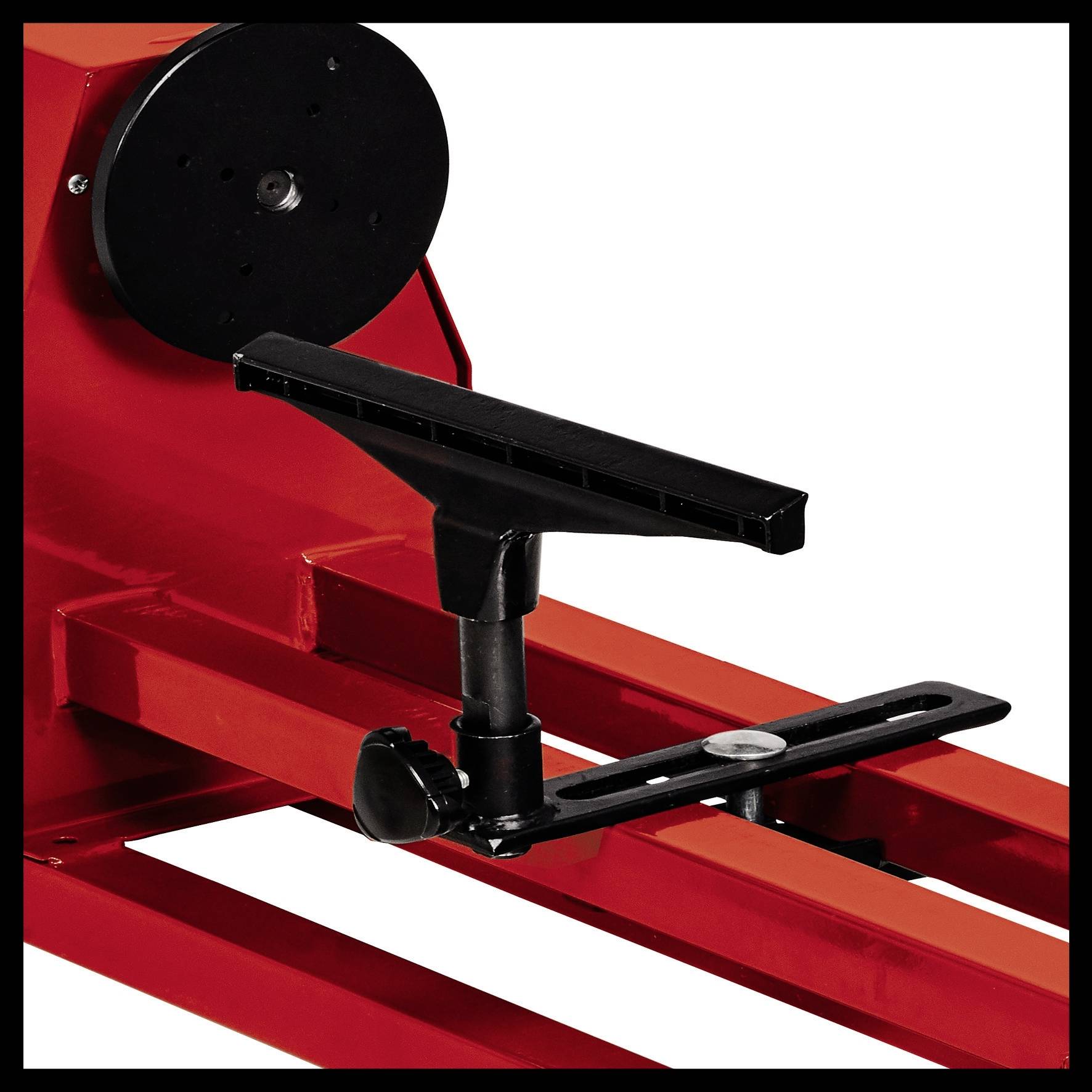 A red machine mounting bracket with a black, adjustable arm, mounted on a long rail. Suitable for industrial applications.