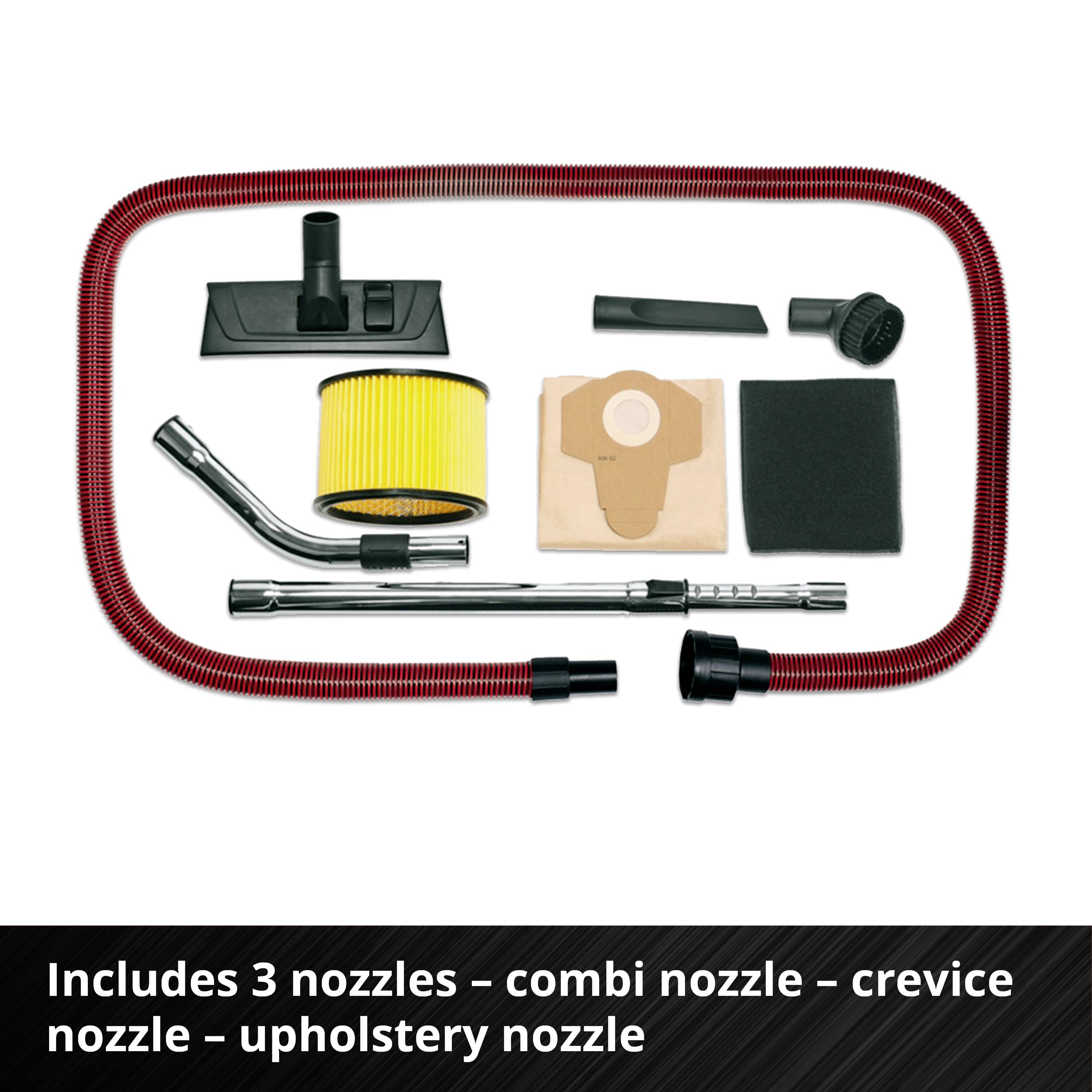 Includes vacuum cleaner accessories: hose, three nozzles (combination nozzle, crevice tool, upholstery nozzle), filter, dust bag.