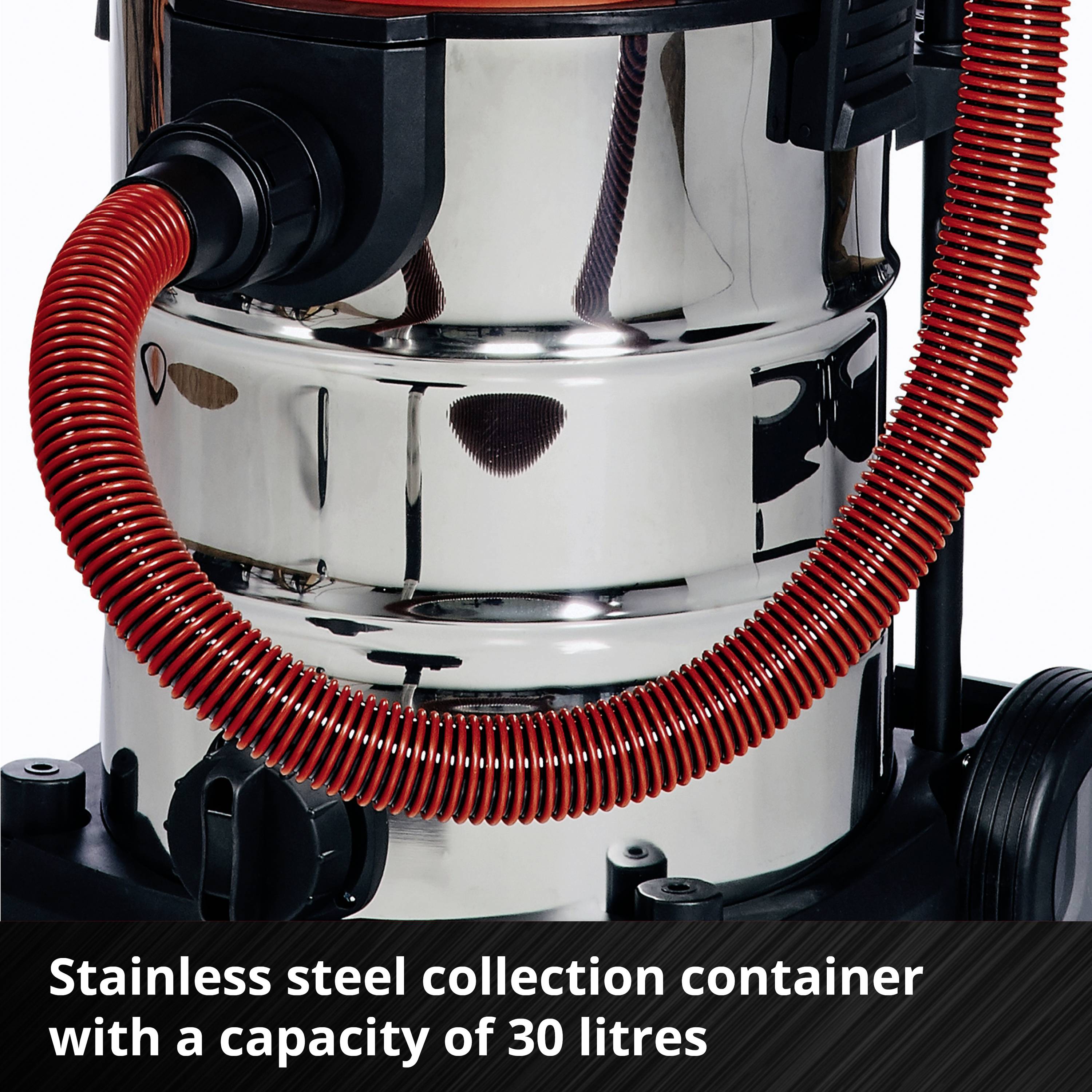 Industrial vacuum cleaner with stainless steel container and red hose. Text: 'Dust collection container made of stainless steel with 30-litre capacity'.
