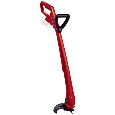 A red, cordless lawn trimmer with an ergonomic handle. Suitable for trimming lawn edges and hard-to-reach areas in the garden.