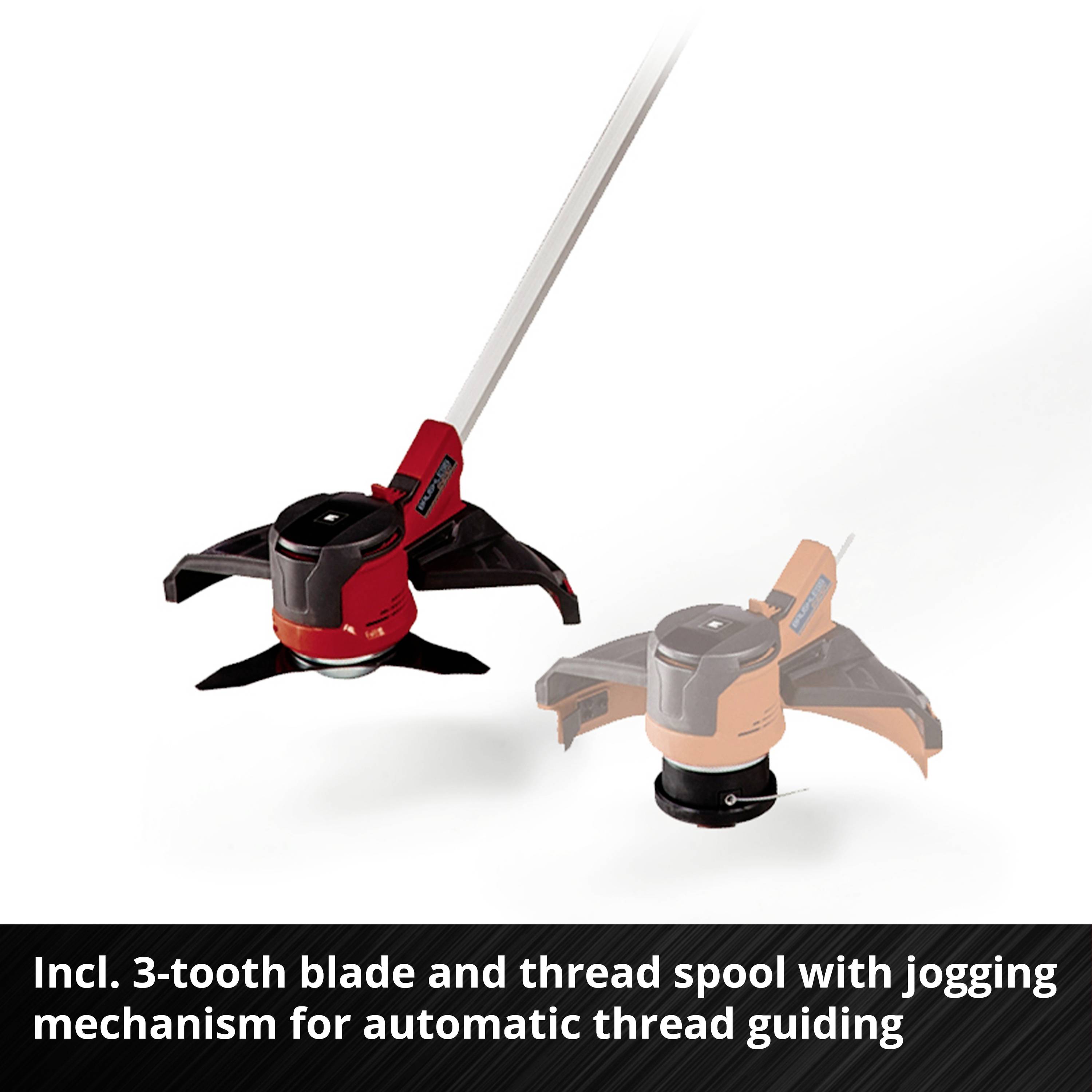 In the figure, a red and an orange lawn trimmer head with an integrated 3-tooth blade and line spool are shown.