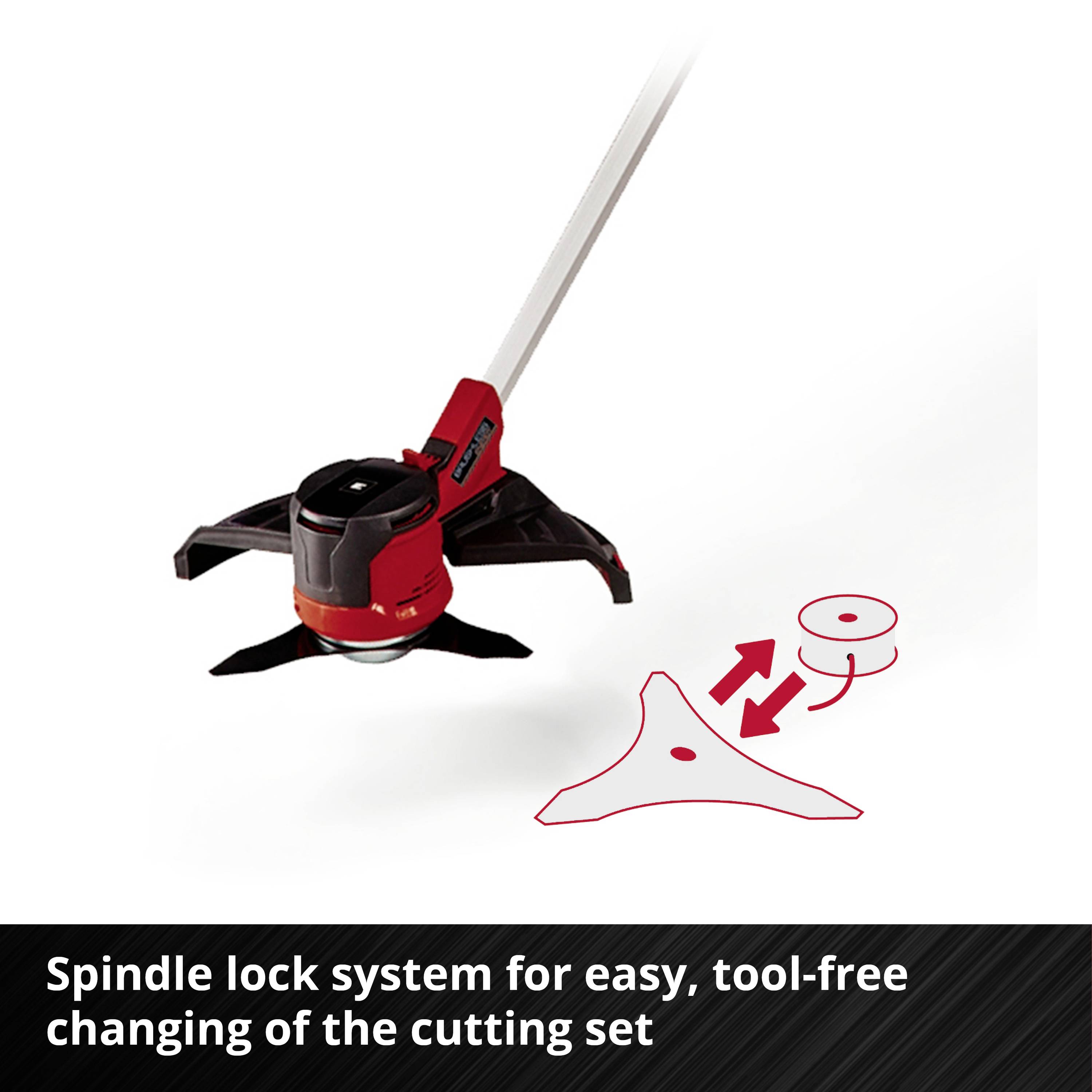 A lawn trimmer with a spindle lock system for easy, tool-free changing of the cutting attachment.