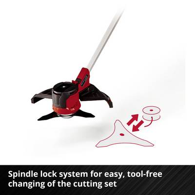 A lawn trimmer with a spindle lock system for easy, tool-free changing of the cutting attachment.