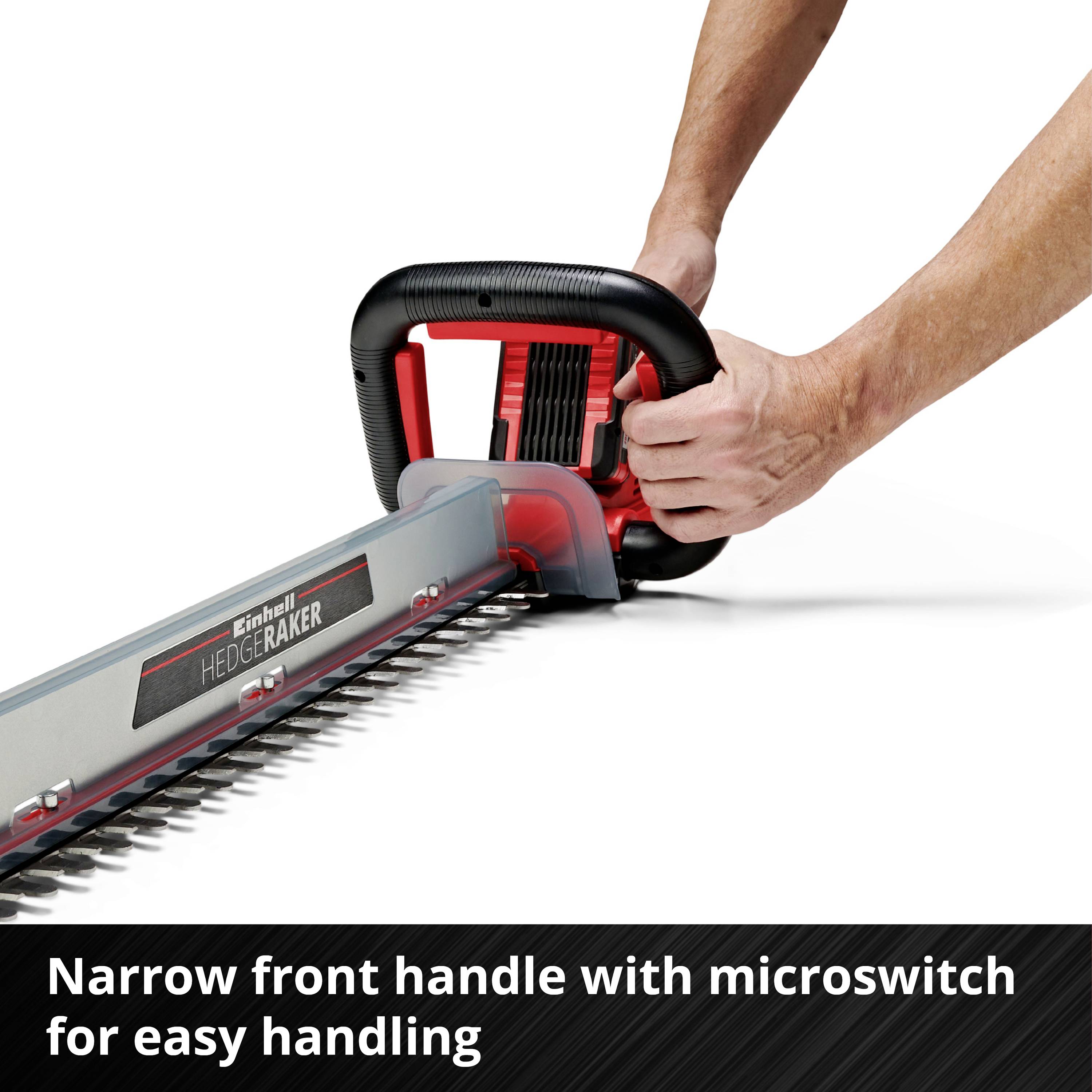 Human hands are holding a hedge trimmer with a micro-switch. Text: 'Narrow front handle with micro-switch for comfortable handling'.