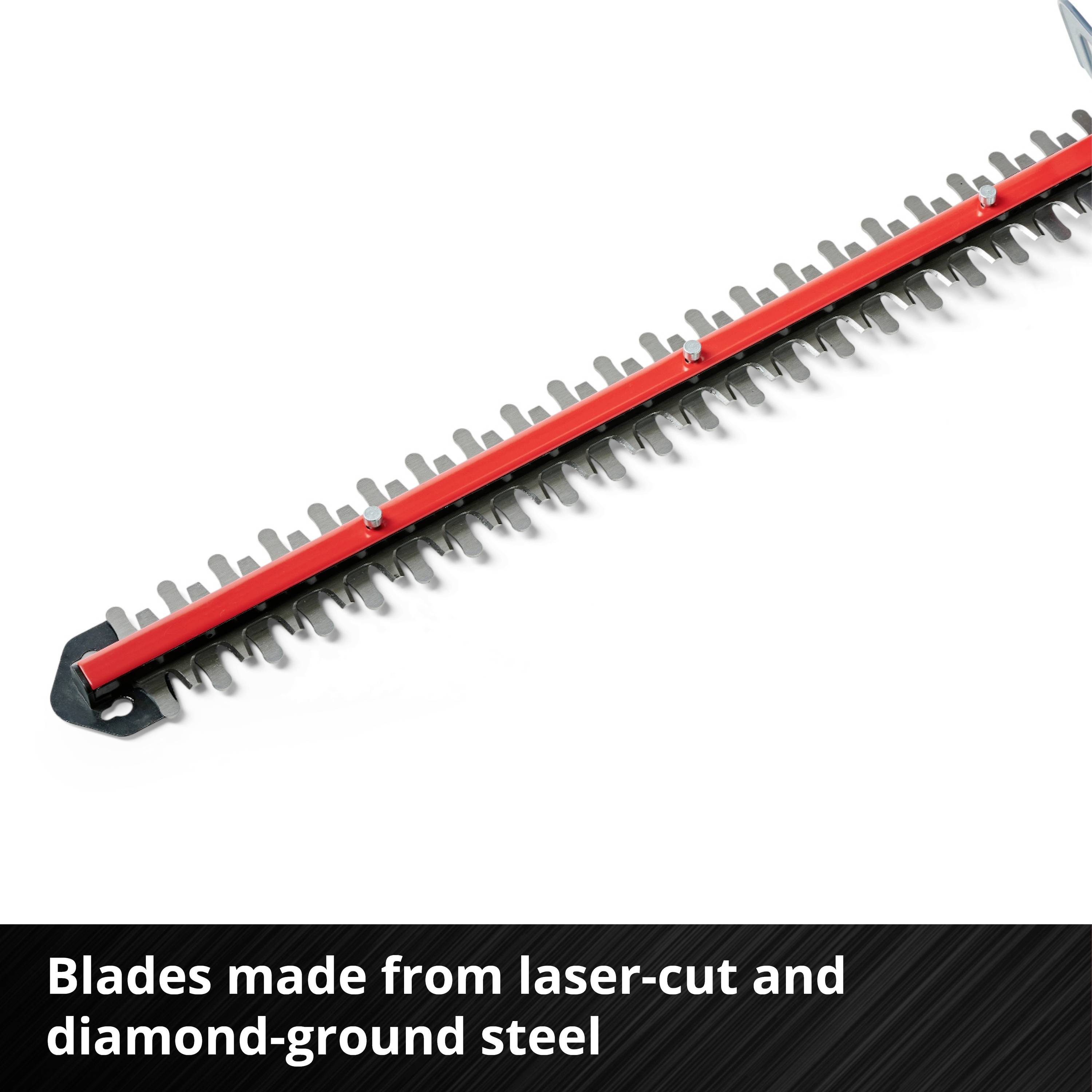 Hedge trimmer blade made from laser-cut and diamond-ground steel, suitable for precise and efficient trimming.