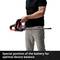 A man is holding a chainsaw with the description 'Special battery position for optimal device balance'.