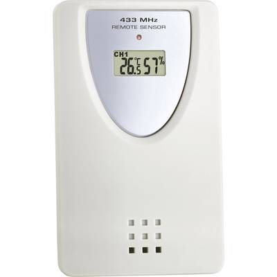 A white, rectangular 433 MHz remote sensor displays 'CH1 26.5°C 57%' on the display.