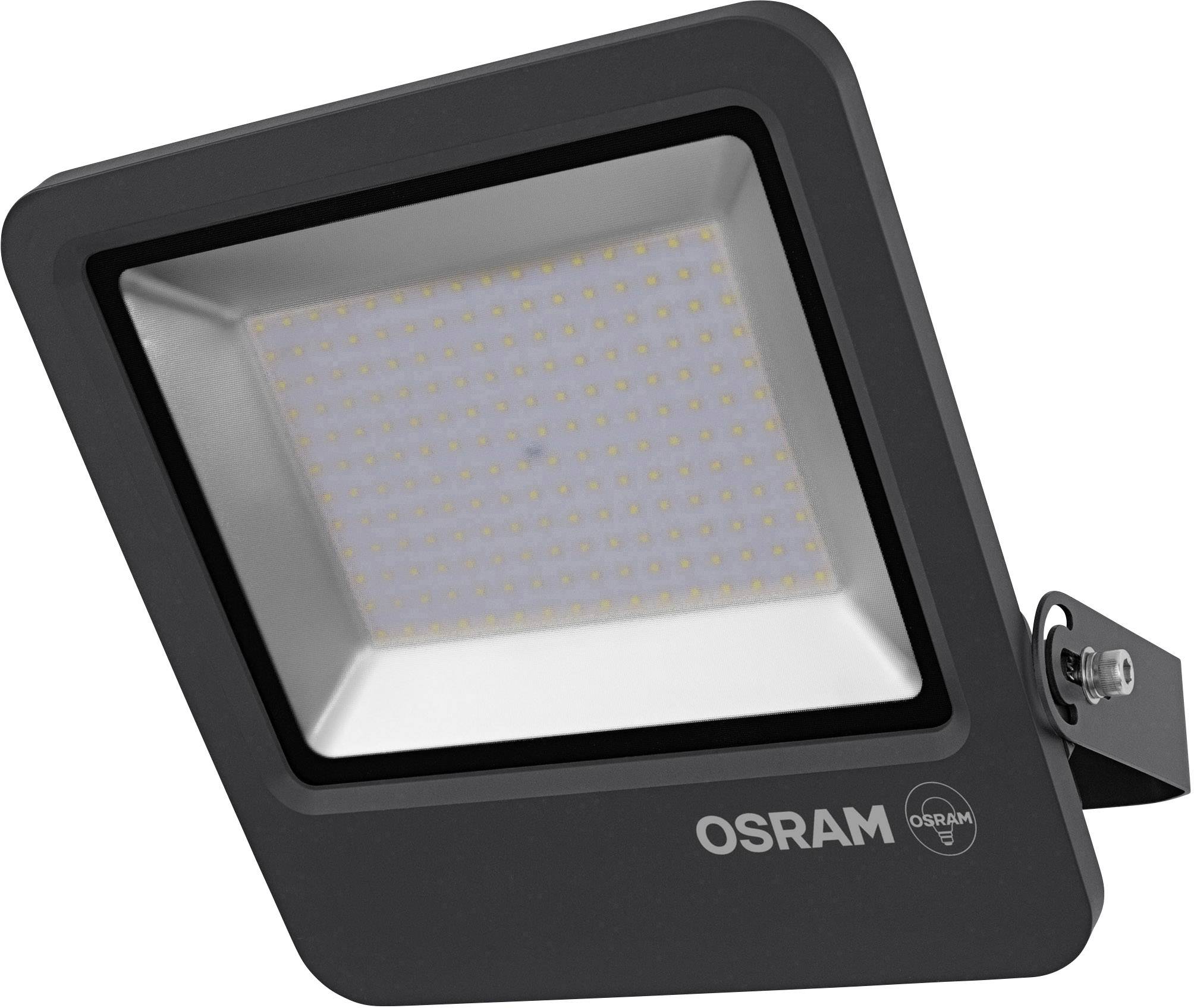 Black LED floodlight from OSRAM in a square shape, with many small illumination points, suitable for outdoor lighting.