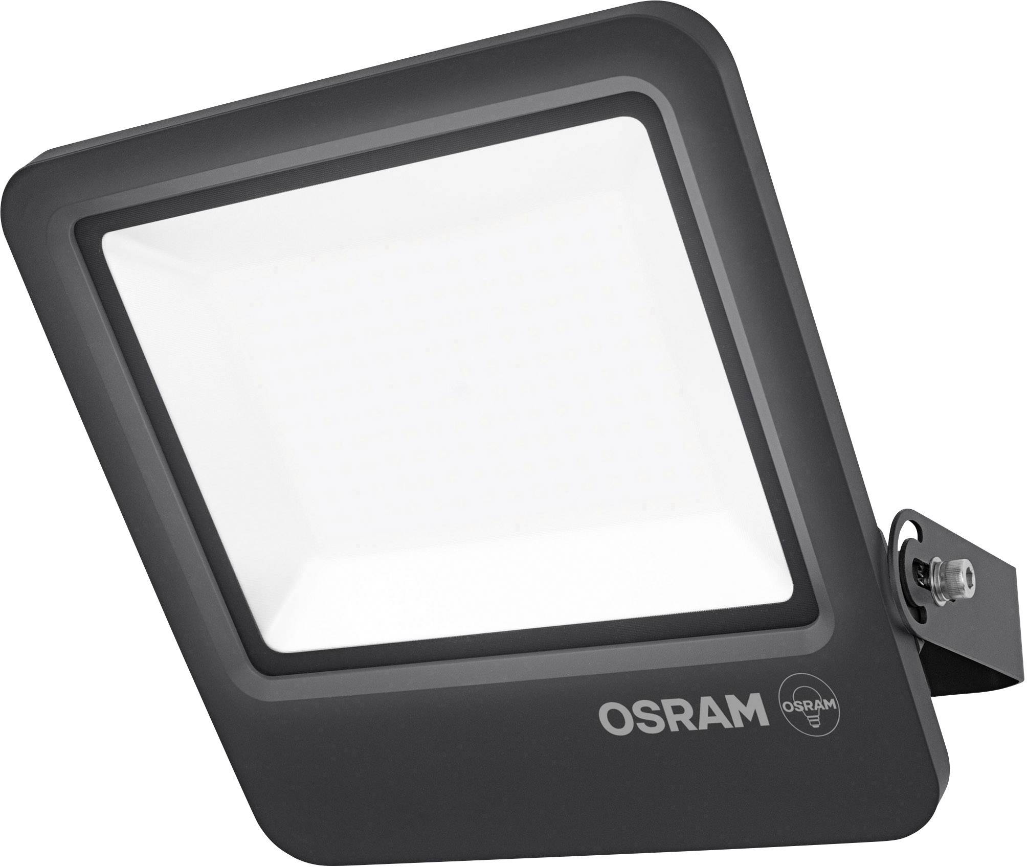 Flat, black LED flood light from OSRAM, rectangular, with adjustable mounting angle, suitable for outdoor lighting.<br><br>Flat, black LED floodlight by OSRAM, rectangular in shape, featuring an adjustable mounting angle and designed for exterior illumination.