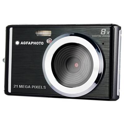 Digital camera with a black body, silver lens ring and text '21 Mega Pixels' and '8x Digital Zoom'.