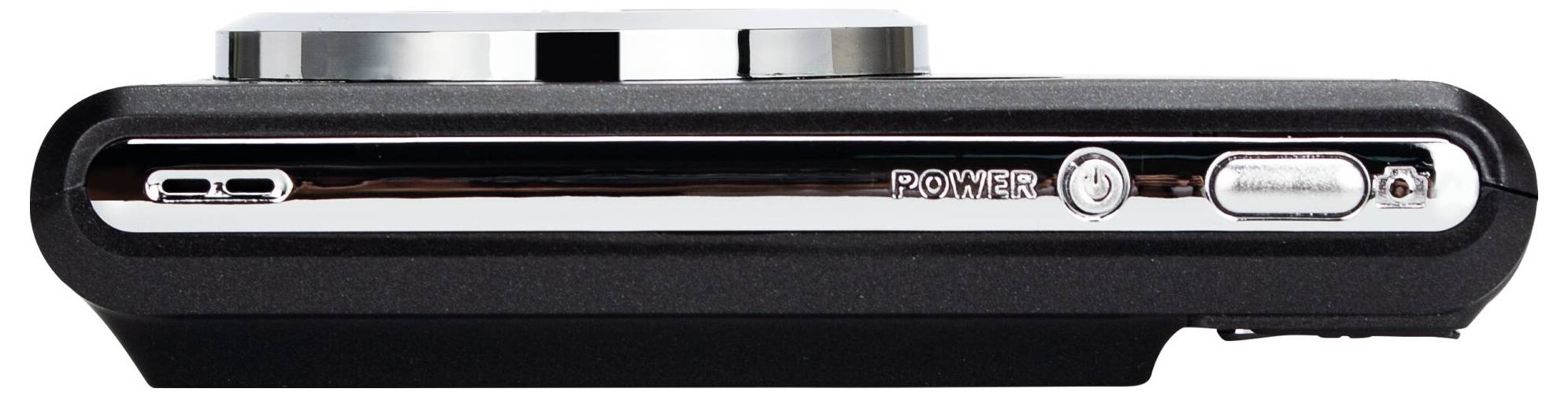 A black digital camera shown from the side, with brand logo and buttons visible.