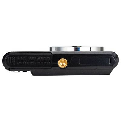 Side view of a camera with a tripod mount and technical specifications on the underside.