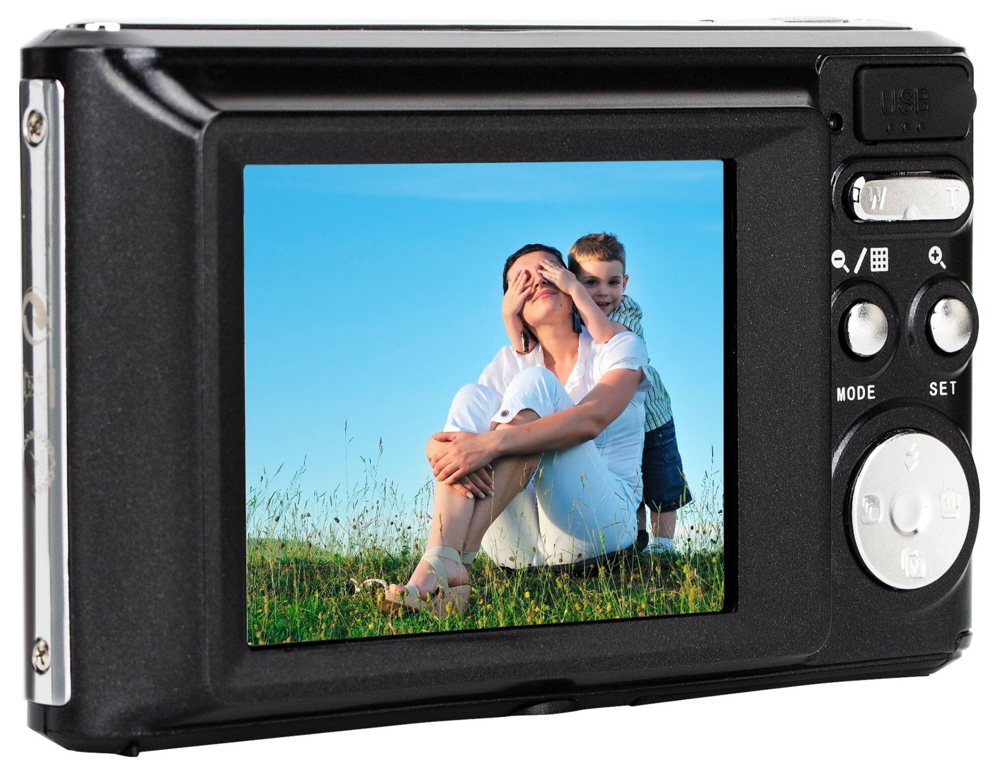 Digital camera display: A person is sitting on a grass lawn, with a child behind them playfully covering their eyes.