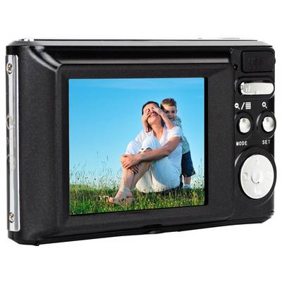 Digital camera display: A person is sitting on a grass lawn, with a child behind them playfully covering their eyes.