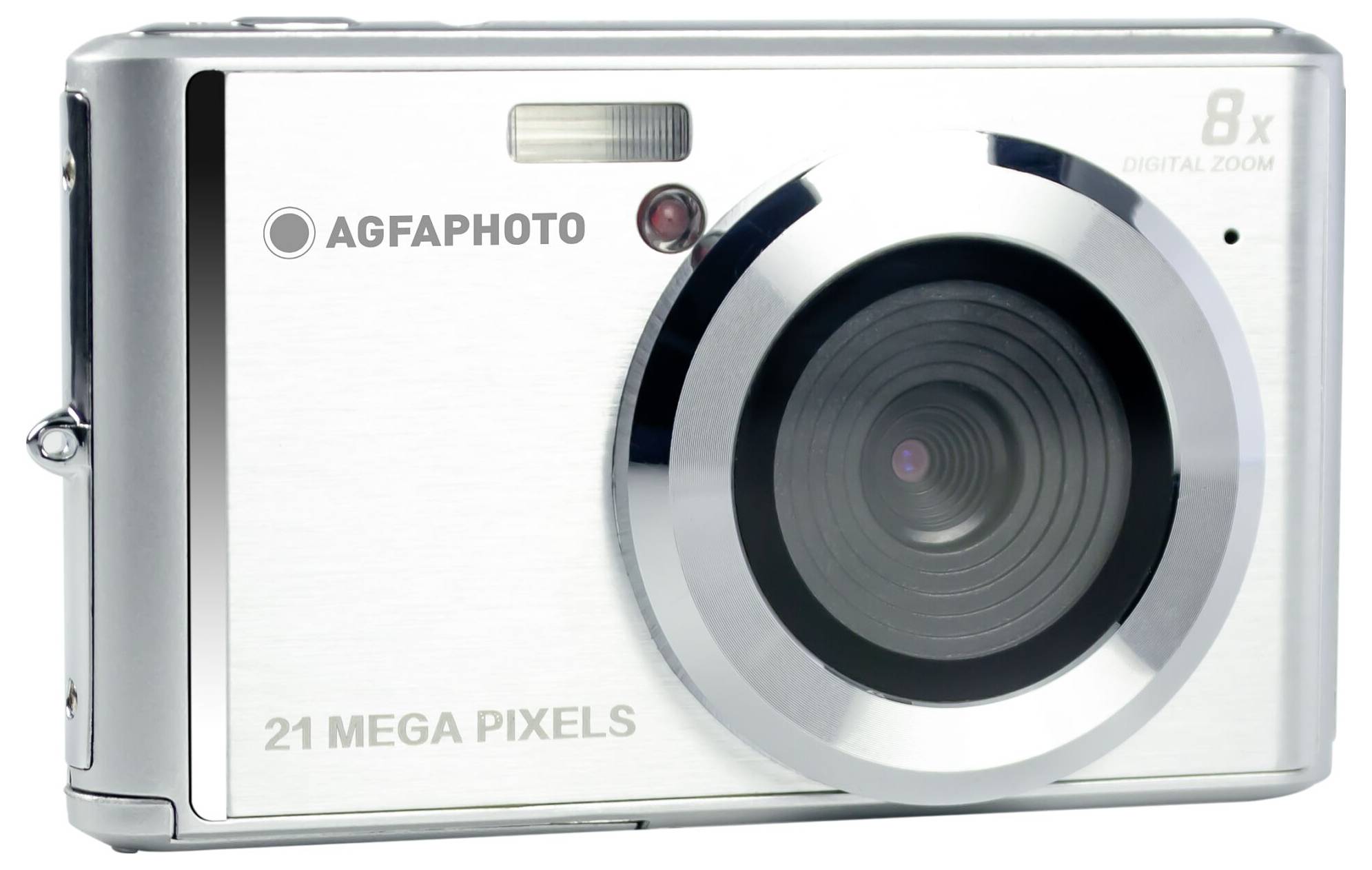 Digital camera with 21 megapixels and 8x digital zoom, silver casing, brand logo on the front.