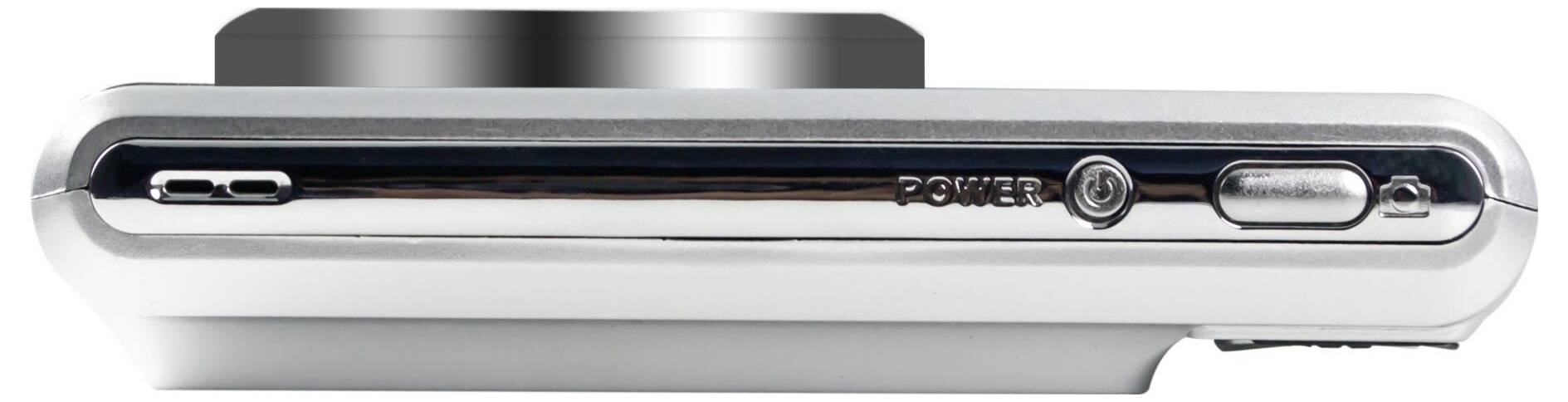 A silver camera viewed from the side with a visible lens and buttons, including a power on/off button.