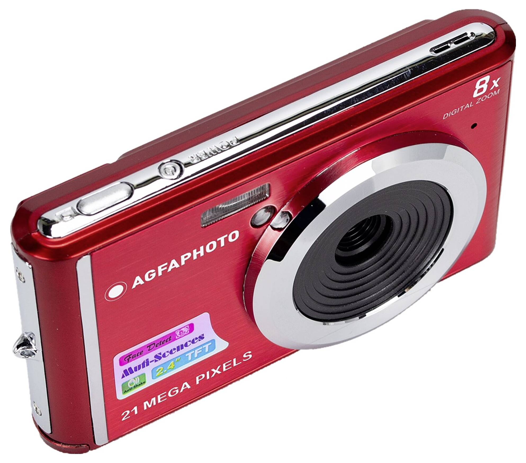 Red digital camera with 21 megapixels and 8x digital zoom. 'AGFAPHOTO' marking on the front.