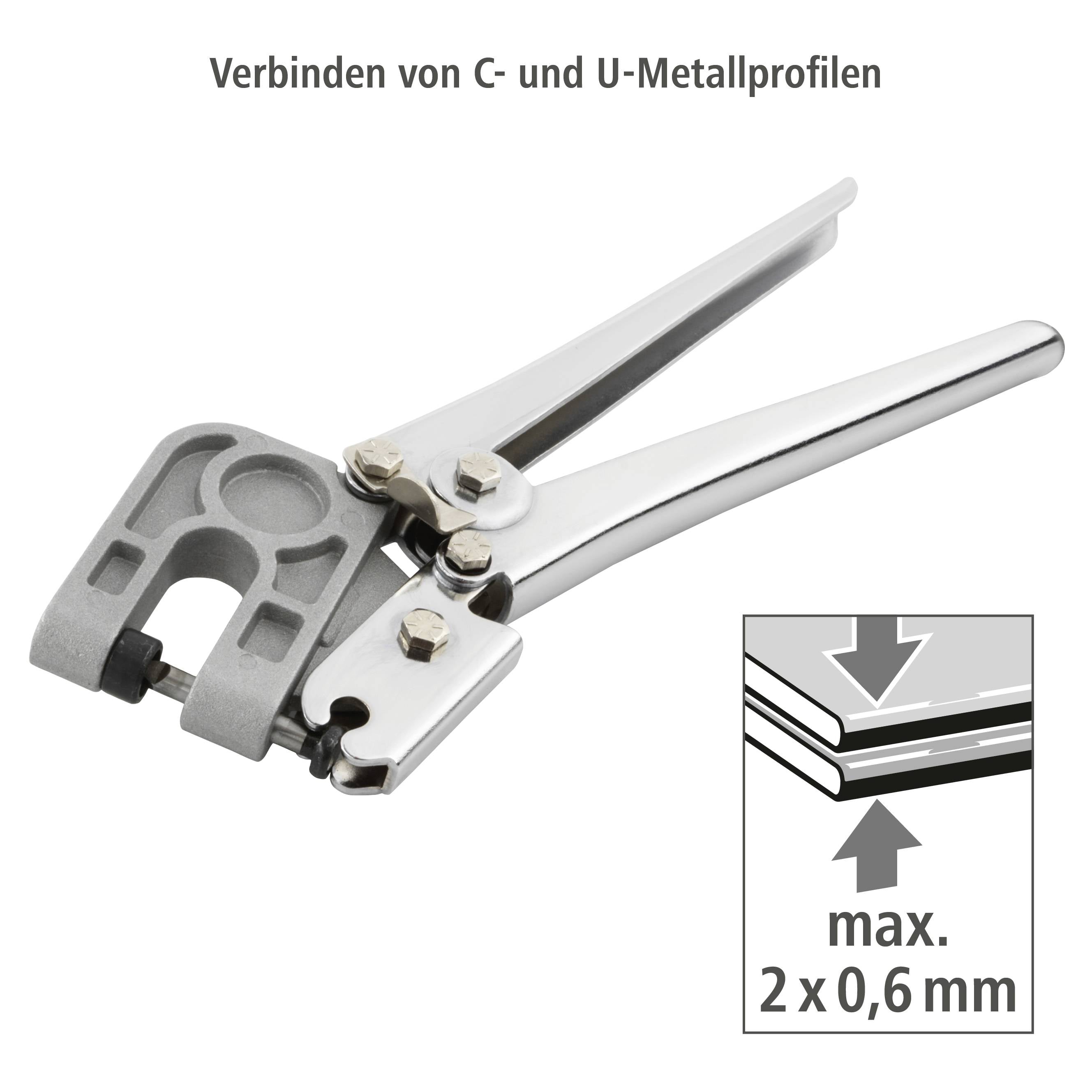 A clamp connects C- and U-metal profiles. A diagram shows profile connection with a maximum of 2 layers of 0.6 mm thickness.