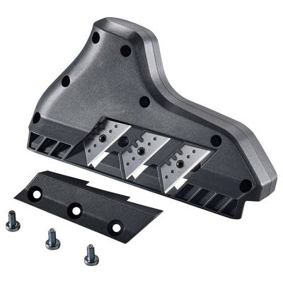 A black, trapezoidal grinding tool with three visible blades in the centre, alongside a cover and four screws.