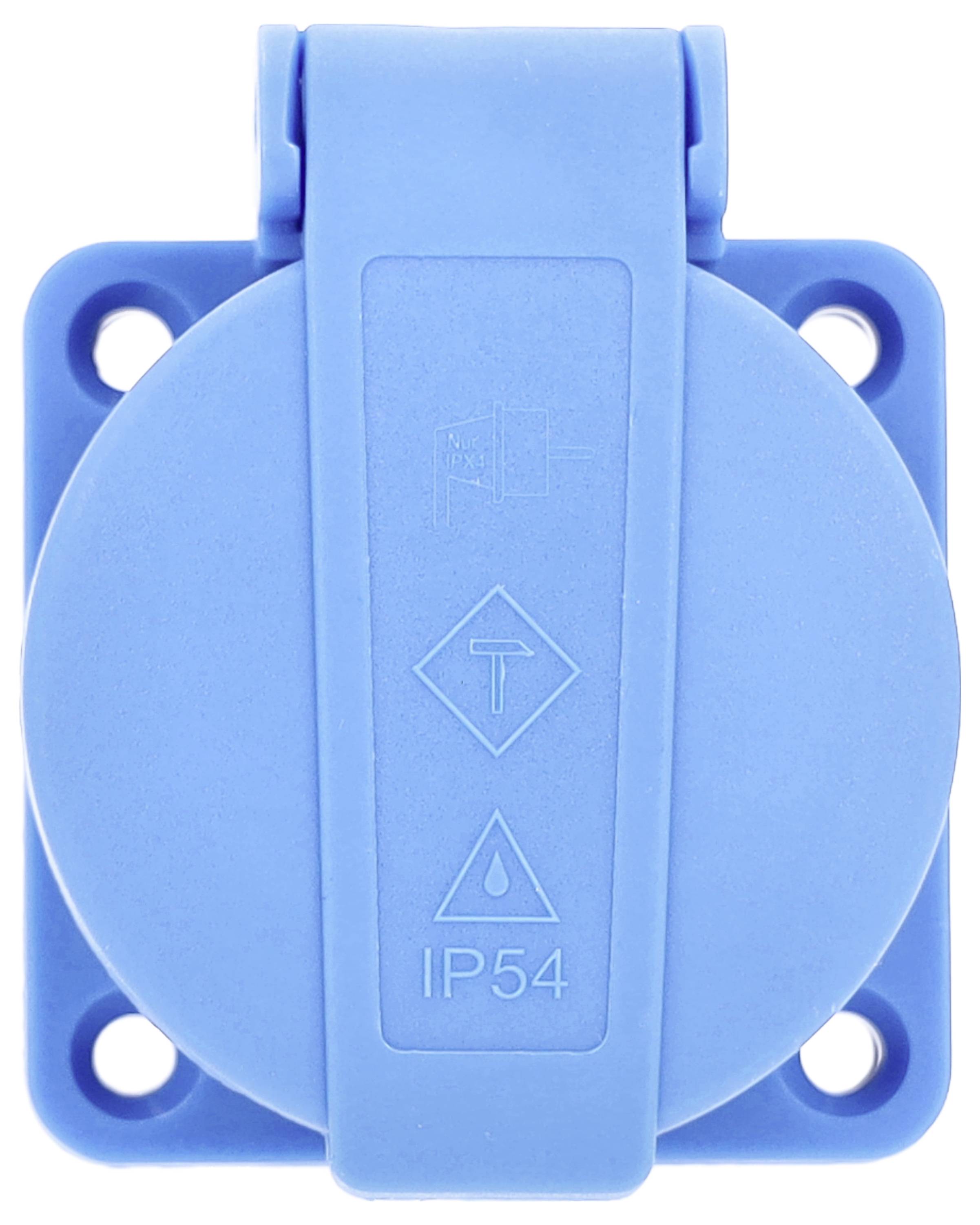 Blue protective cover with symbols and the inscription 'IP54', suitable for outdoor sockets, provides protection against dust and splash water.