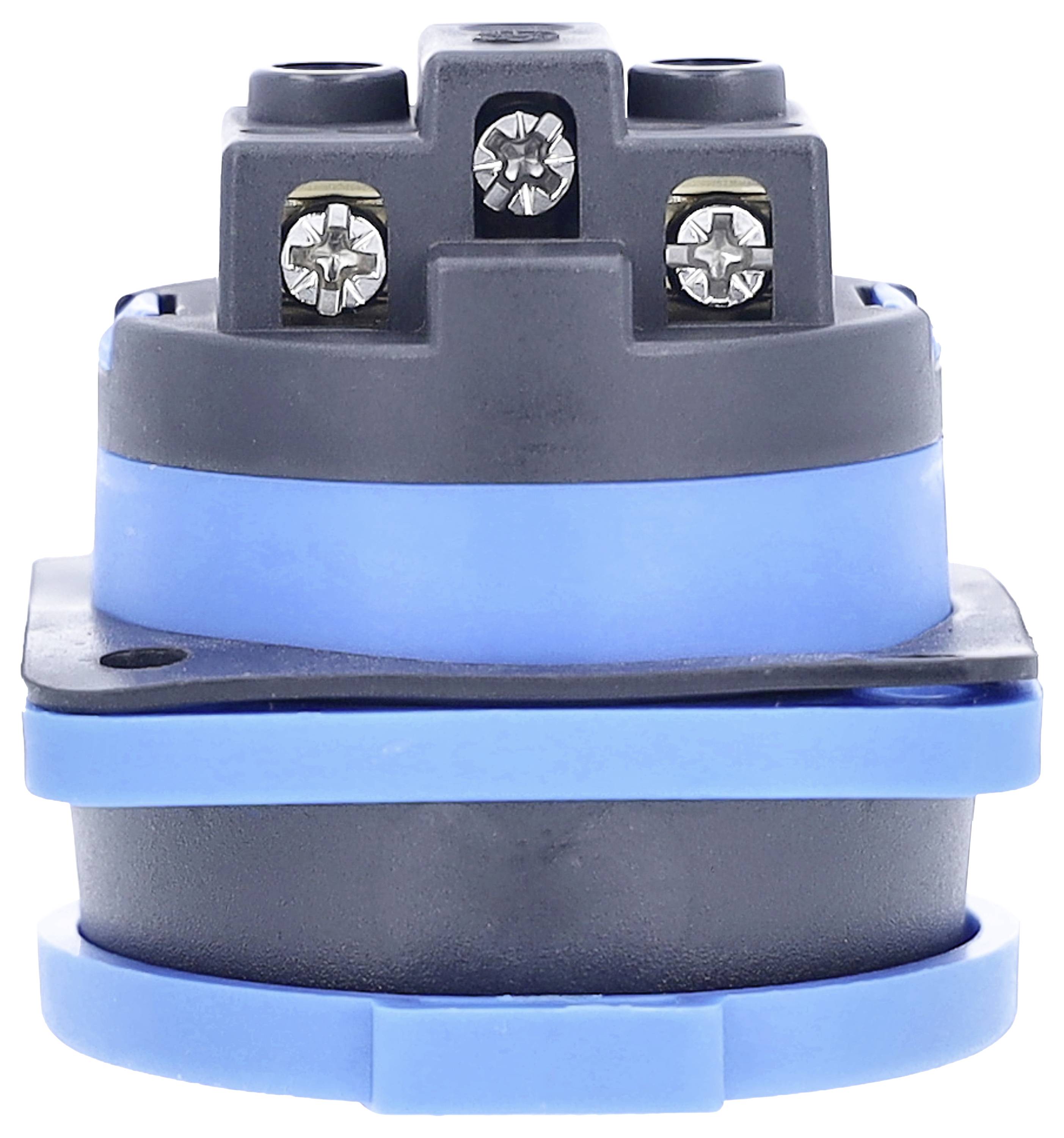 An electrical plug with two metal screws, blue and black housing parts, presumably for industrial or technical applications.