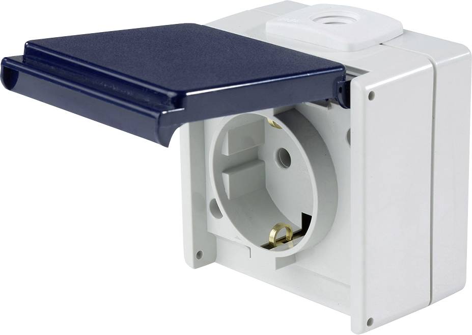 White external socket with a blue flip cover. The cover is open, revealing the inner side with socket holes.