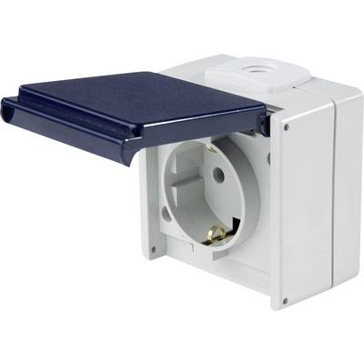 White external socket with a blue flip cover. The cover is open, revealing the inner side with socket holes.