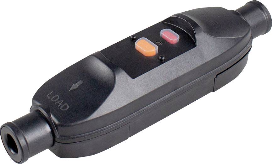 An electrical circuit breaker with two coloured buttons on the top, marked with 'LOAD' on the underside.