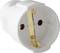 A white Schuko plug adapter with gold-coloured contacts, arranged in a circular housing, is shown from the side.