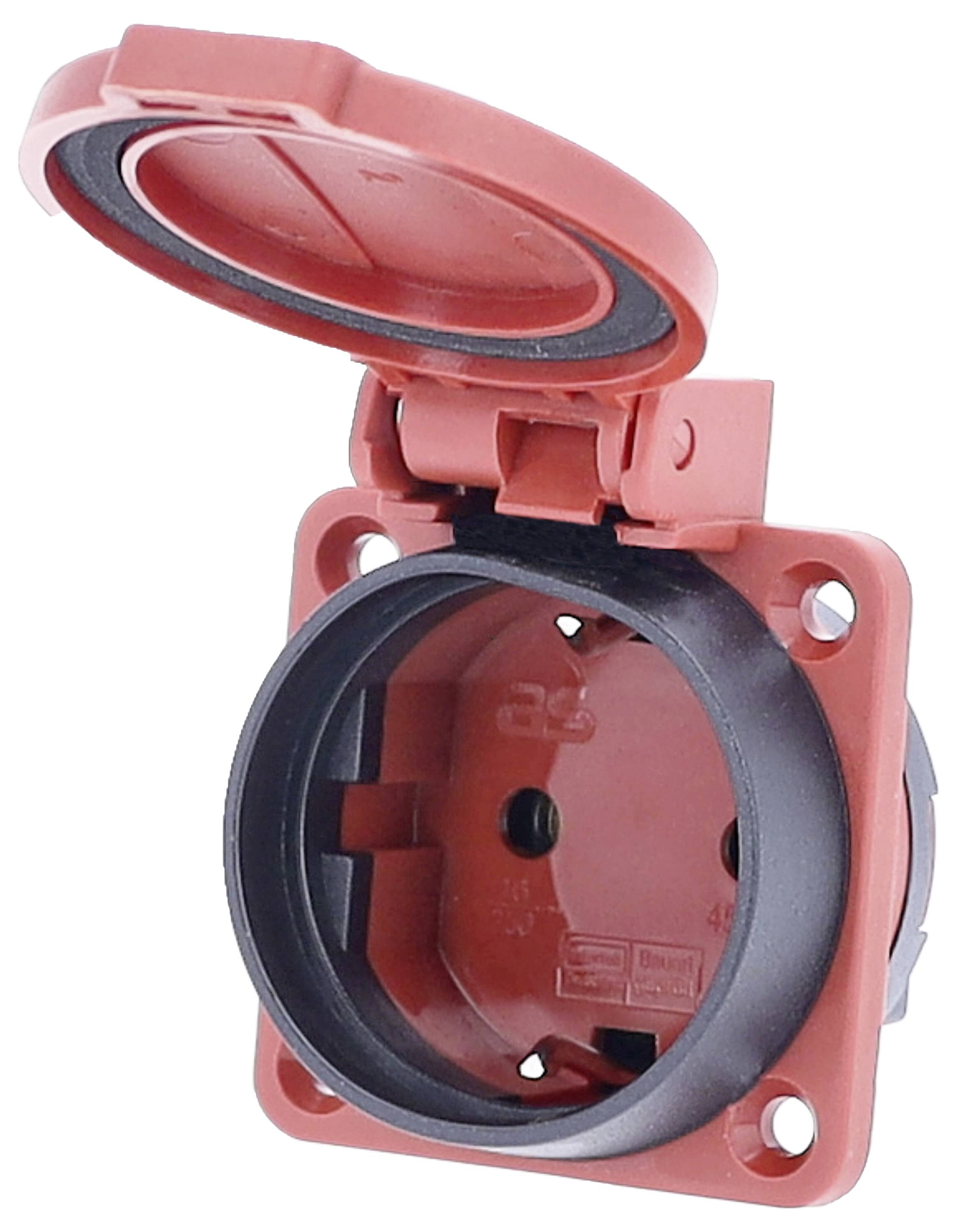 Red electrical safety contact socket with opened flap, showing interior view of the receptacle for industrial applications.