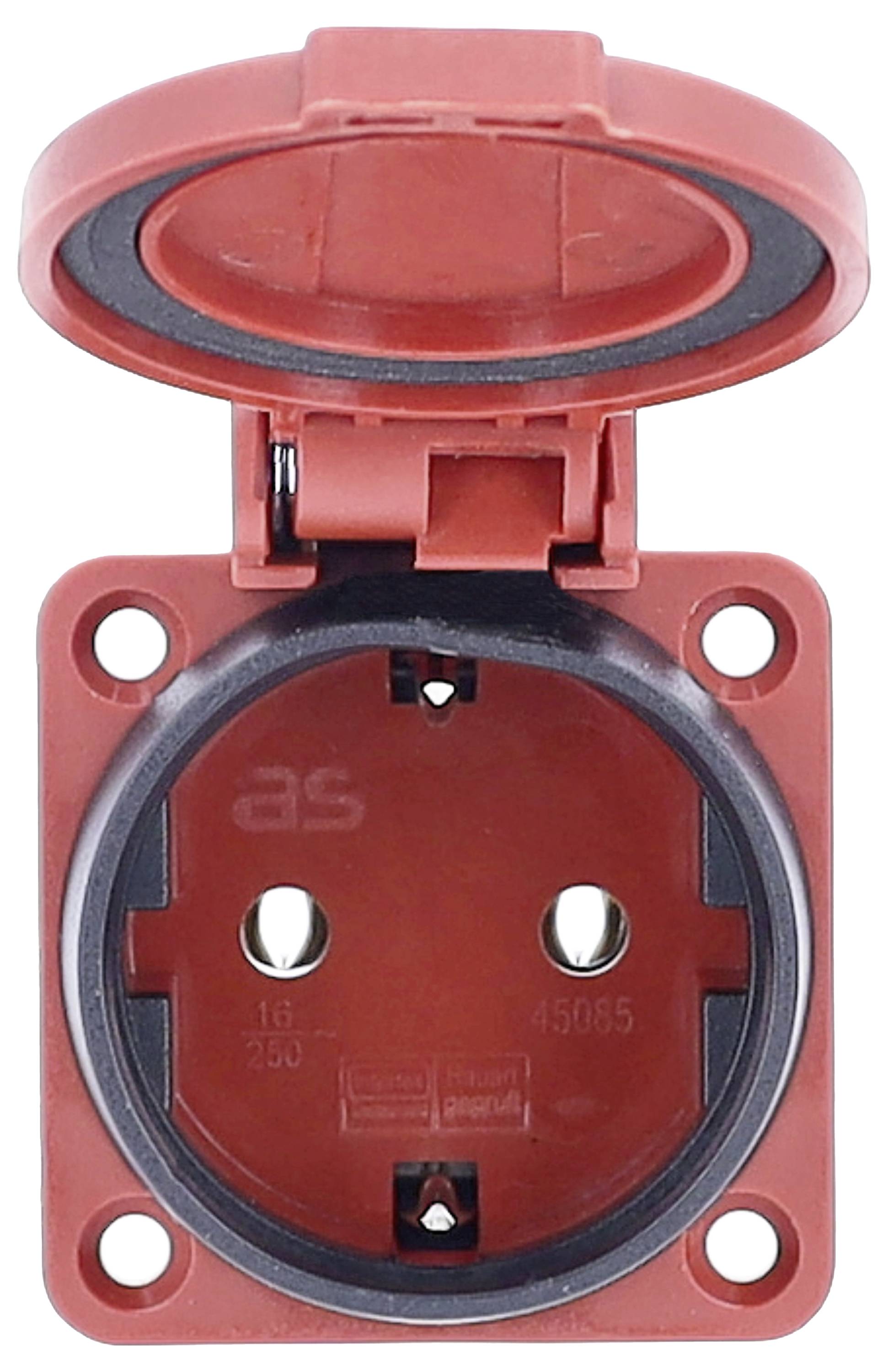 Red, rectangular outlet with cover, open, showing two round openings and a grounding slot, suitable for European plugs.