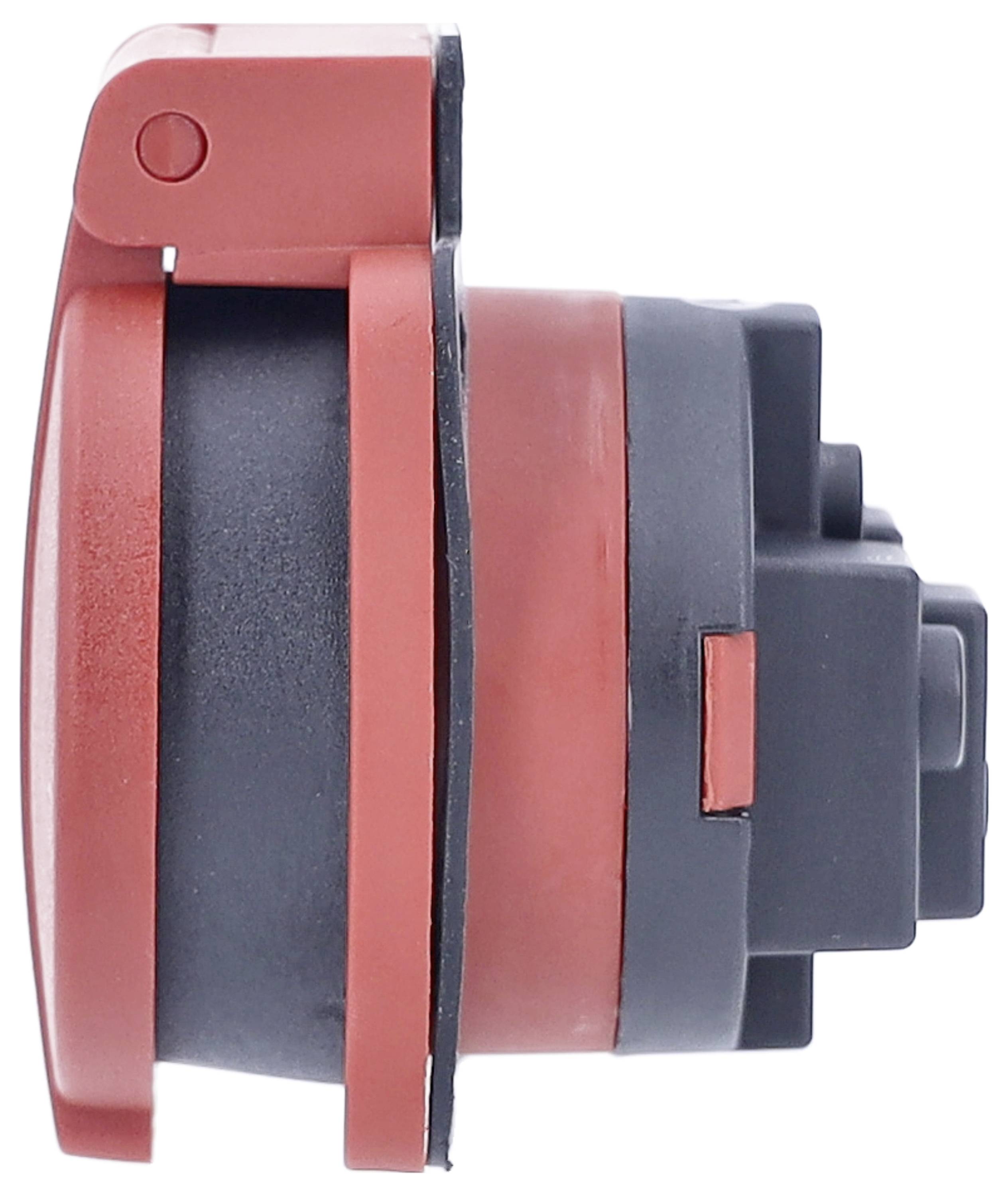 A red sensor with black housing photographed from the side. The sensor is designed for industrial applications.