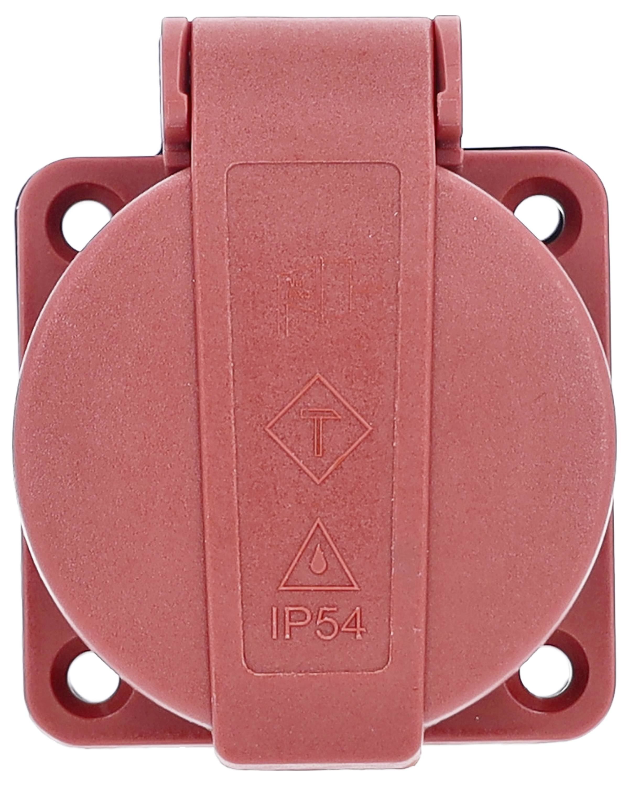 Red electrical outlet with IP54 rating, protected against dust and splash water. Four visible mounting screws.