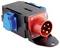 'Industrial power connector: black casing with a red five-pin socket and two blue sockets, designed for electrical power distribution.'