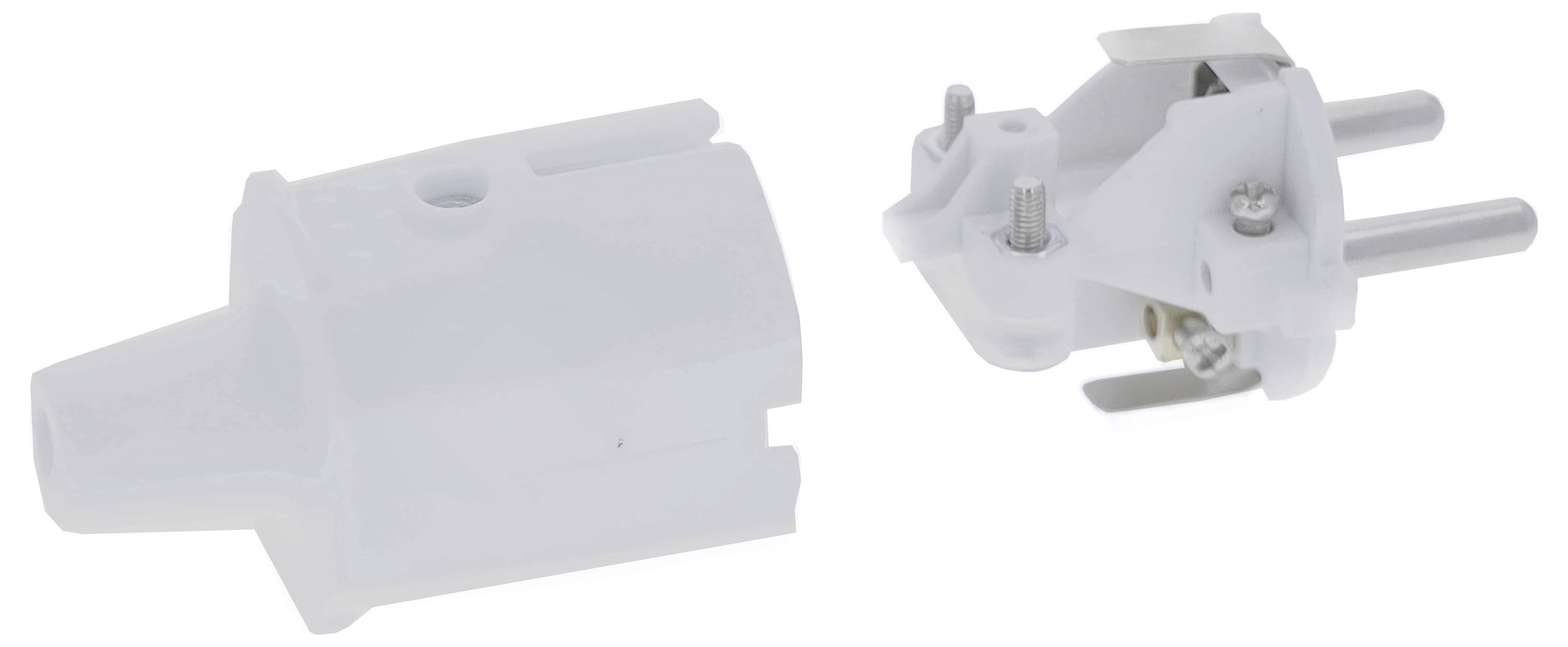 Two parts of a white Europlug adapter. On the left is the cover, on the right is the adapter with visible screws and contacts.