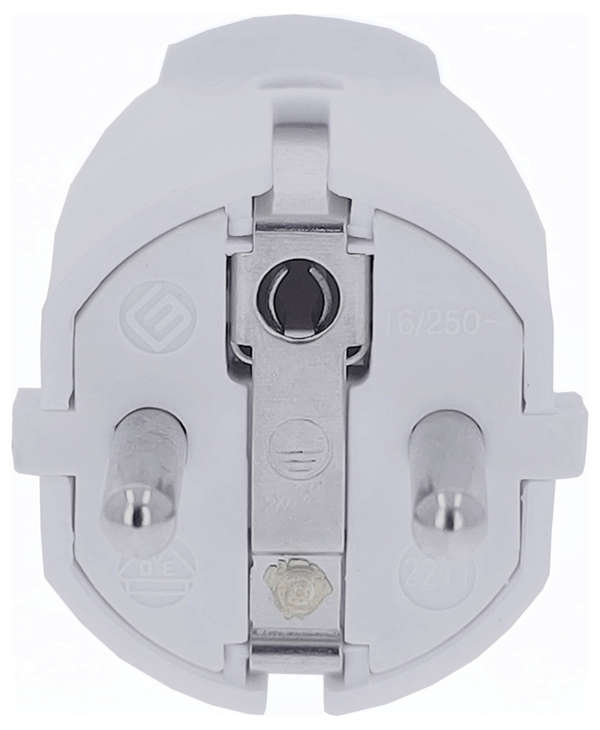 Close-up of a European two-pin plug with grounded contact, lateral metal contacts and plastic housing.