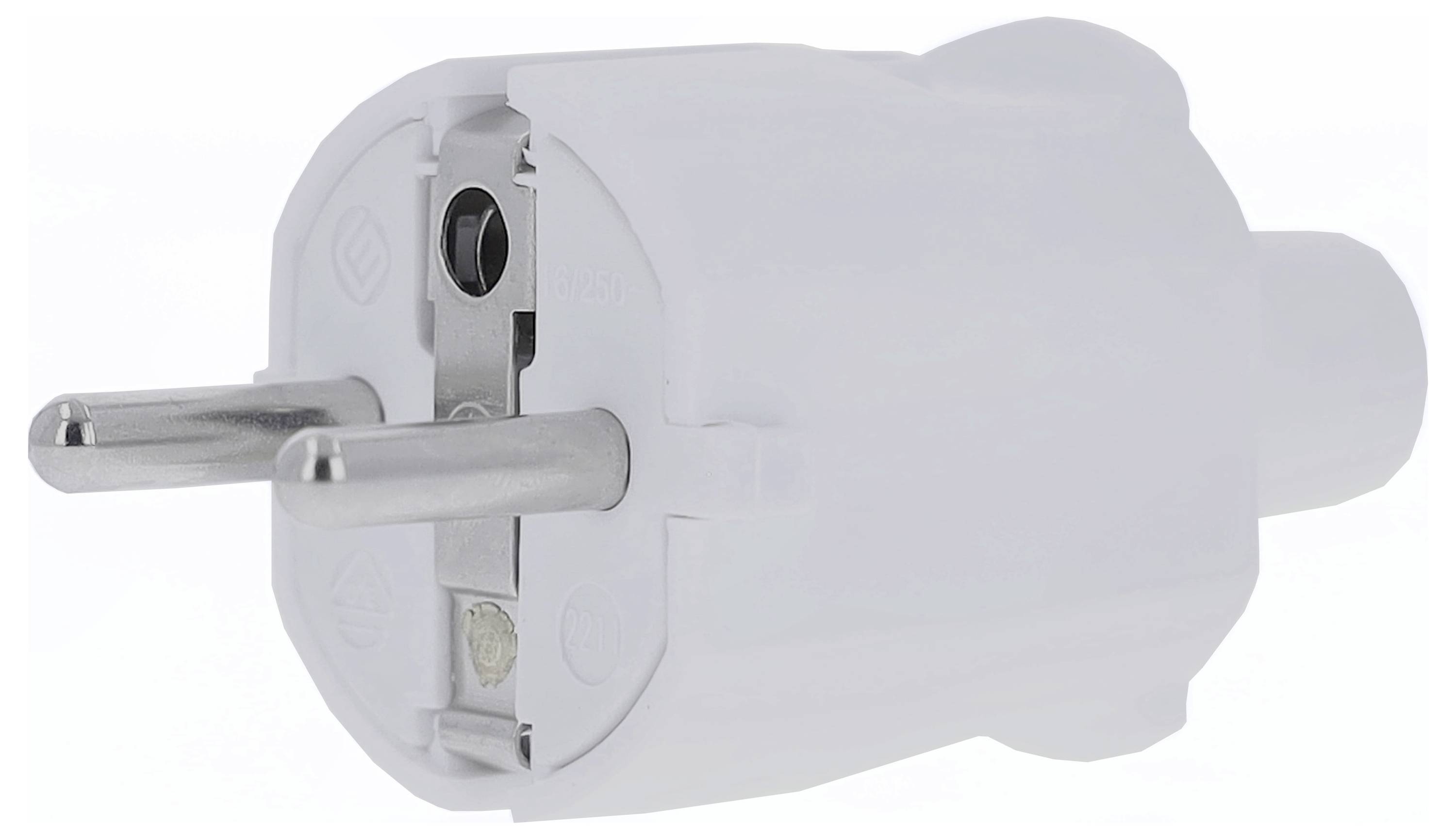 White, European plug connector with two round, parallel pins, suitable for connection to standard power sources.