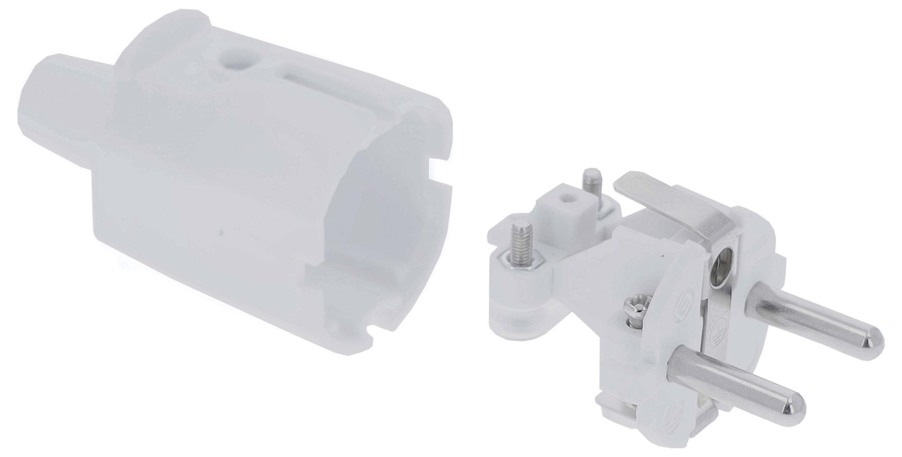 Two-part, white plug without cable, with visible metal contacts and cover, showing the internal structure of a European plug.